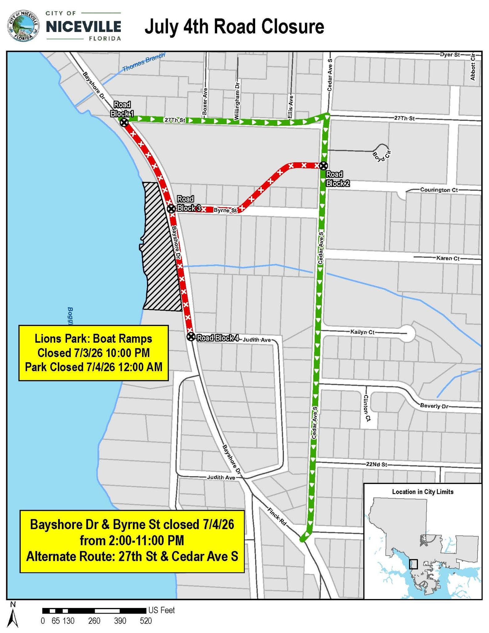 2026 City of Niceville 4th of July road and boat ramp closure map